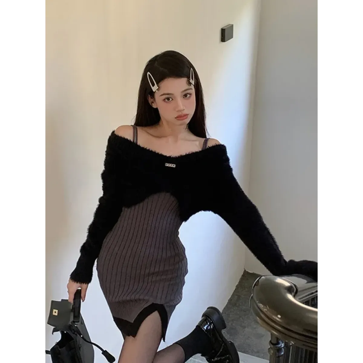 Y2K Knit Mini Dress & Fuzzy Sweater Set - All Dresses - Sets / Co-ords - 5