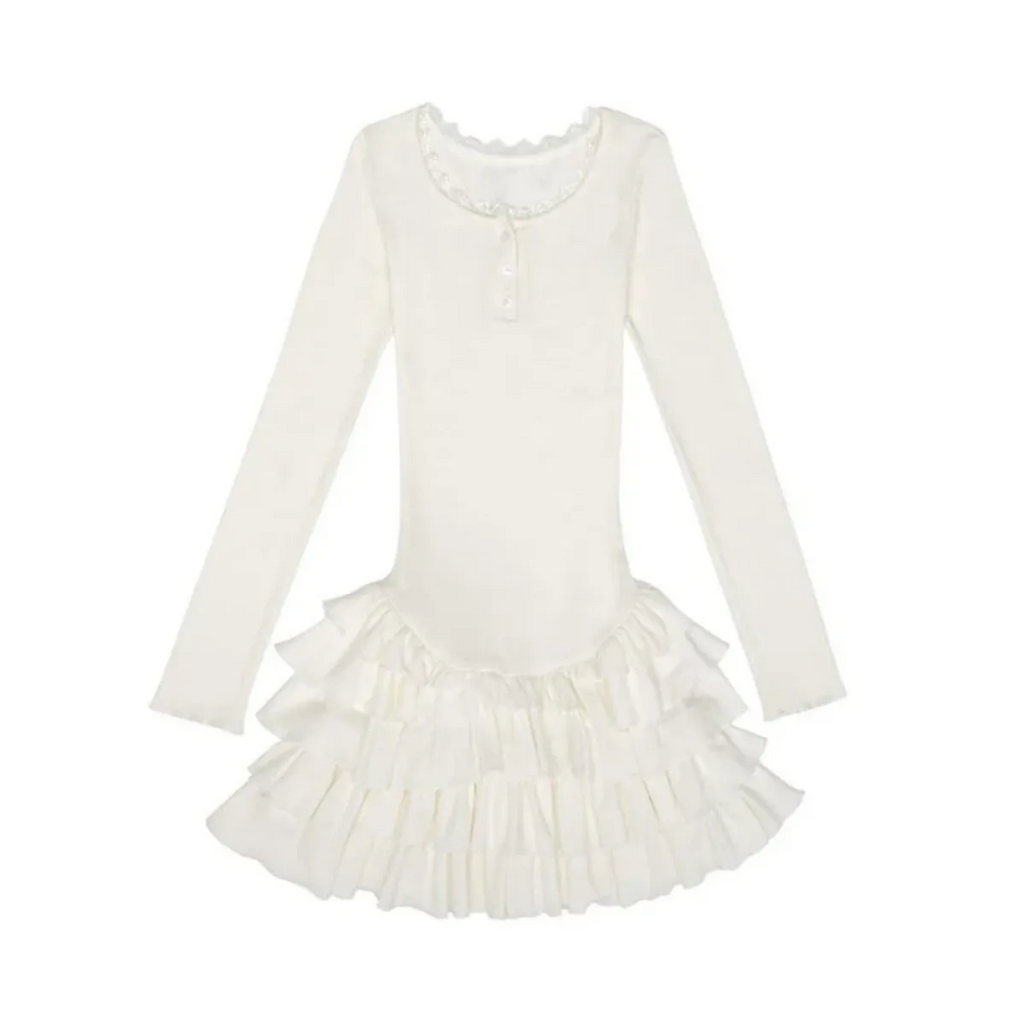 Ruffle Hem Mini Dress – Slim Fit Y2K Long Sleeve Design - All Dresses - Long - Round - Dresses - 2