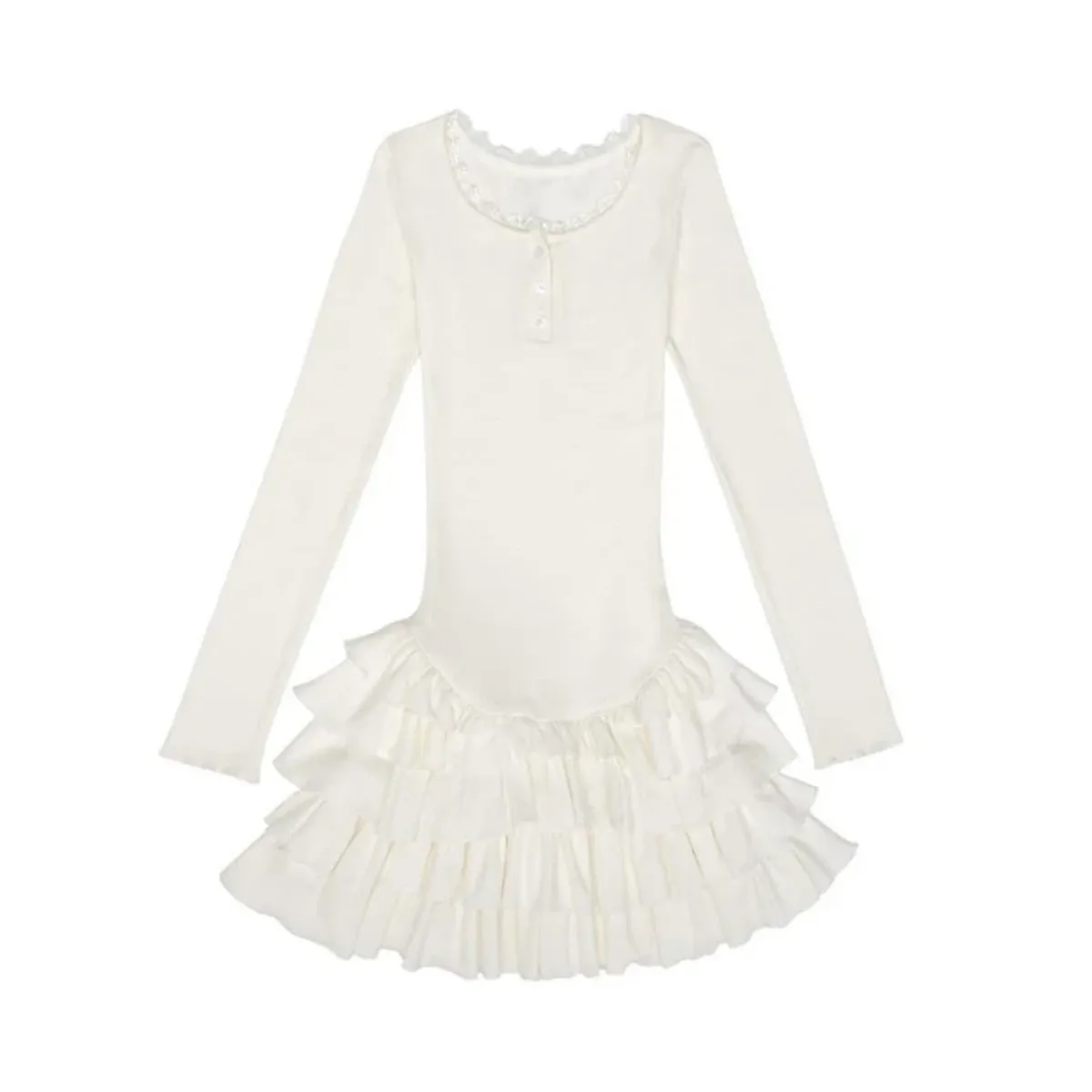 Ruffle Hem Mini Dress – Slim Fit Y2K Long Sleeve Design - All Dresses - Long - Round - Dresses - 2