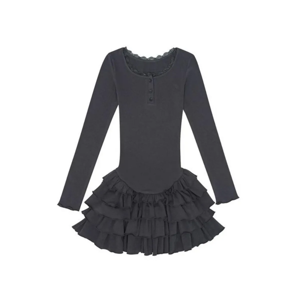 Ruffle Hem Mini Dress – Slim Fit Y2K Long Sleeve Design - All Dresses - Long - Round - Dresses - 3