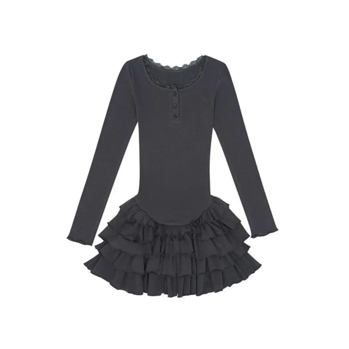 Ruffle Hem Mini Dress – Slim Fit Y2K Long Sleeve Design - All Dresses - Long - Round - Dresses - 3