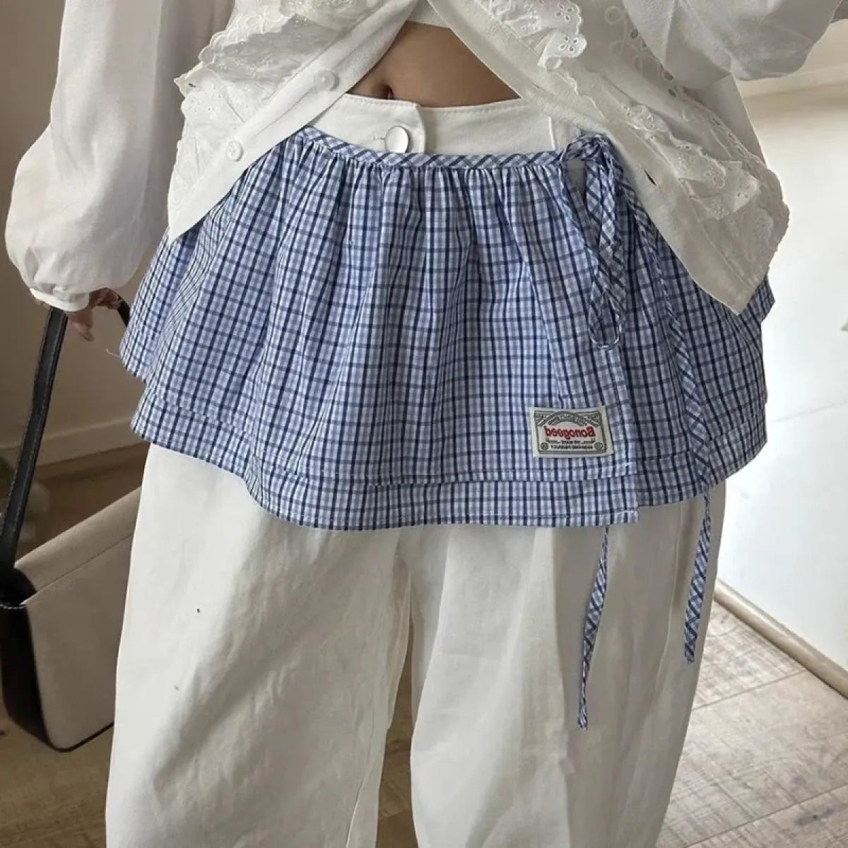 Korean plaid apron-style mini skirt - Bottoms - Skirts - 1