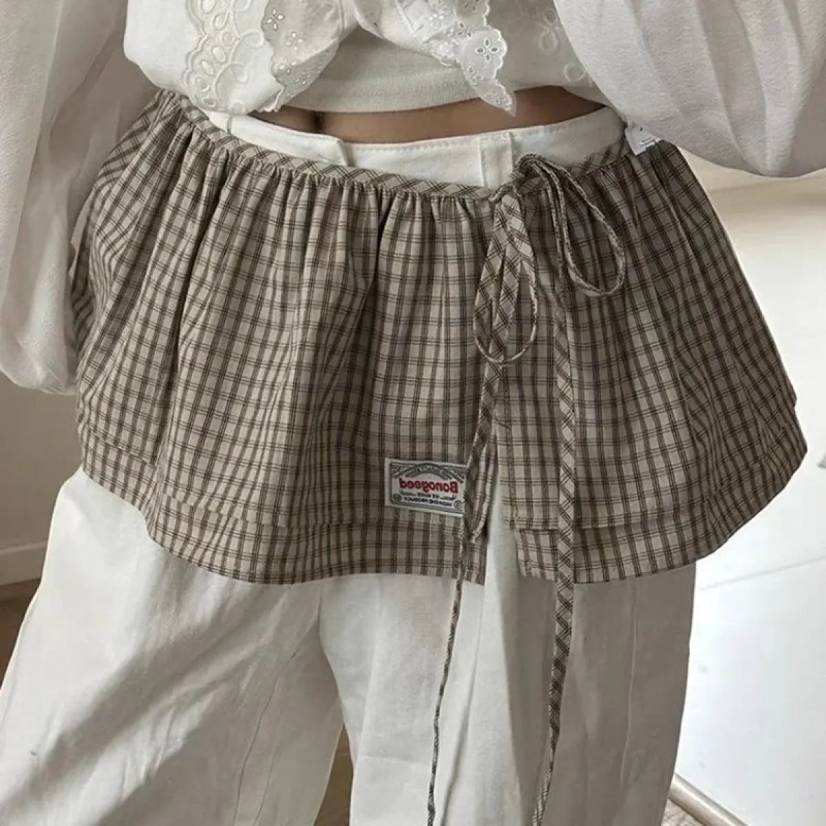 Korean plaid apron-style mini skirt - Bottoms - Skirts - 4