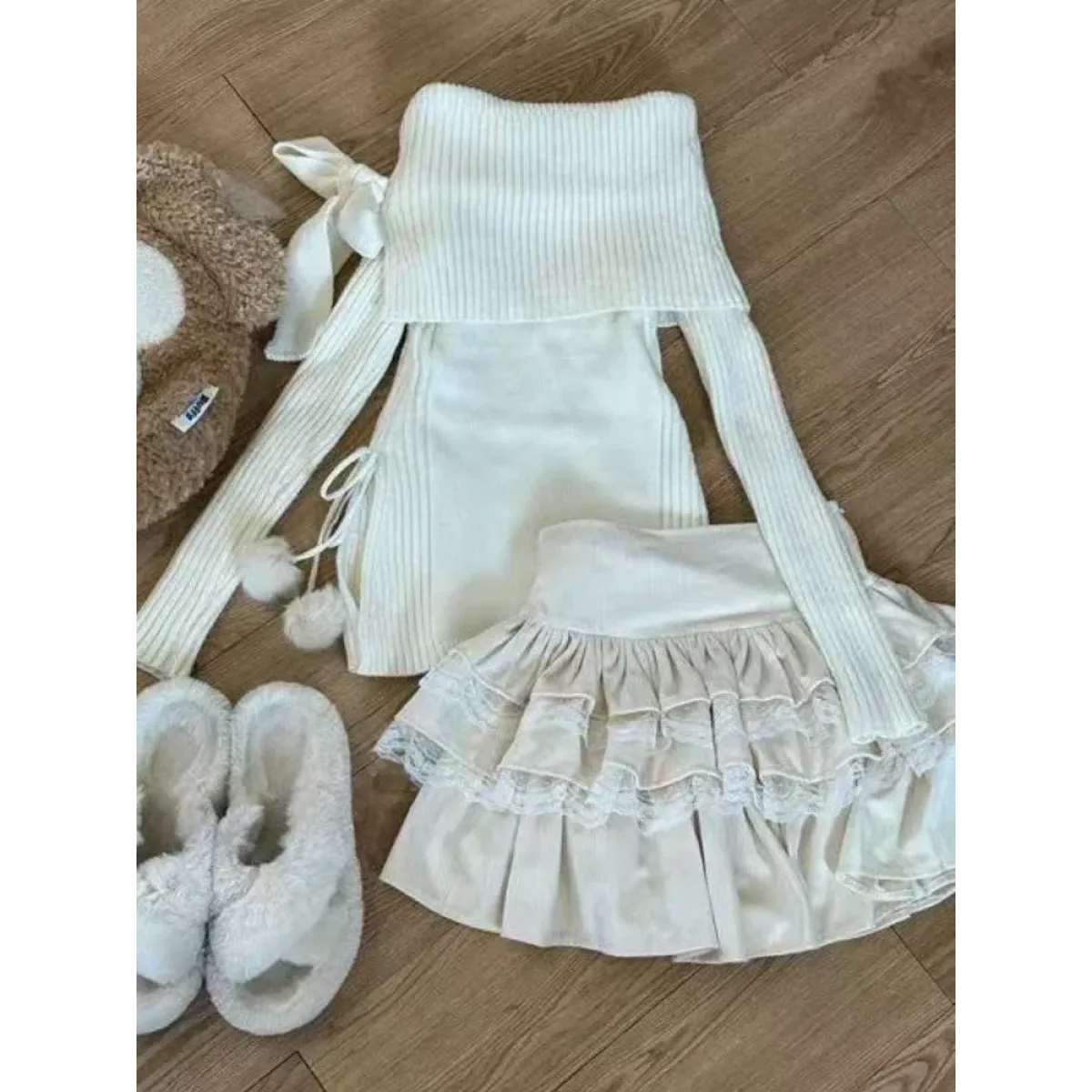 Kawaii Off-Shoulder Knit Lace Set - Bottoms - Sets - 1