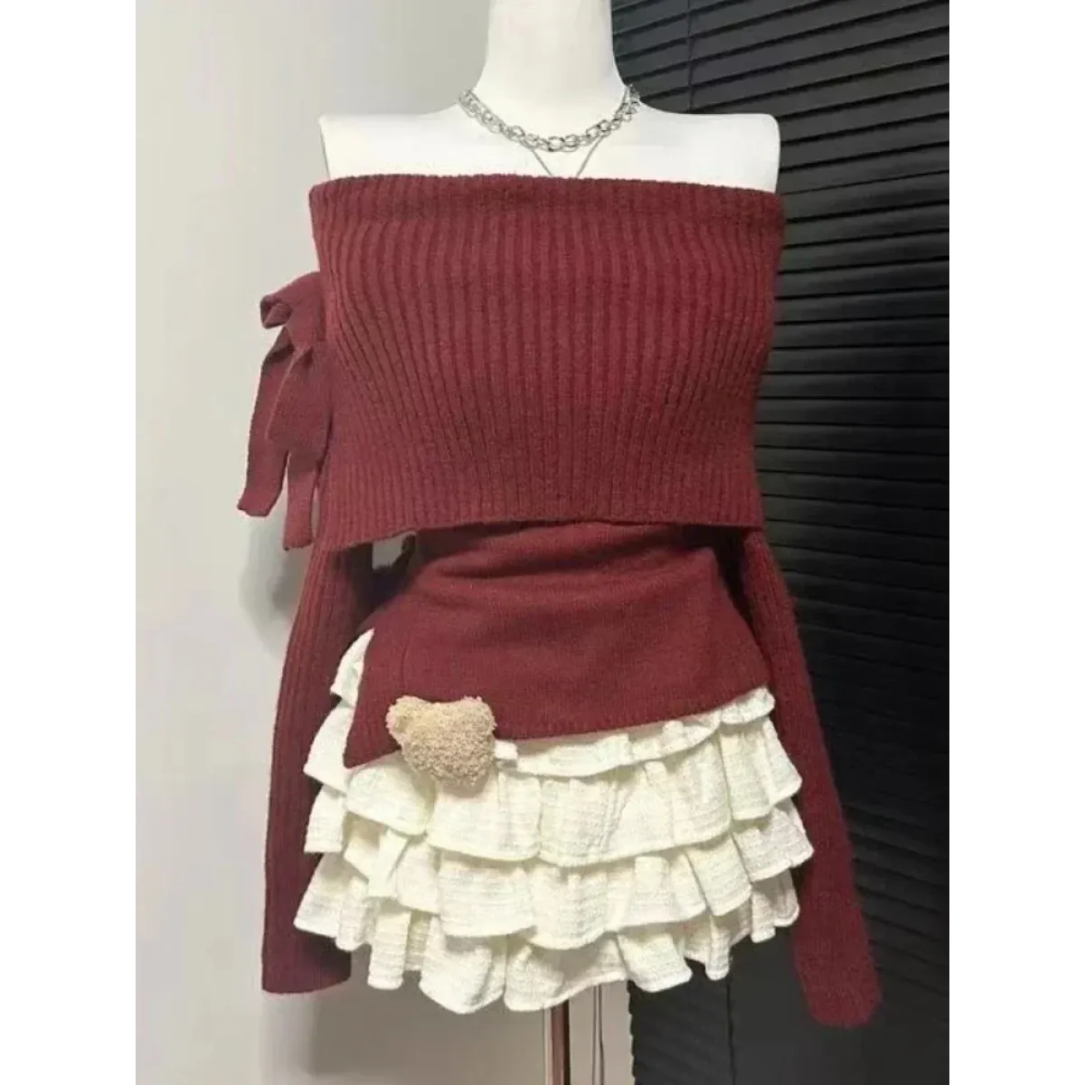 Kawaii Off-Shoulder Knit Lace Set - Bottoms - Sets - 4