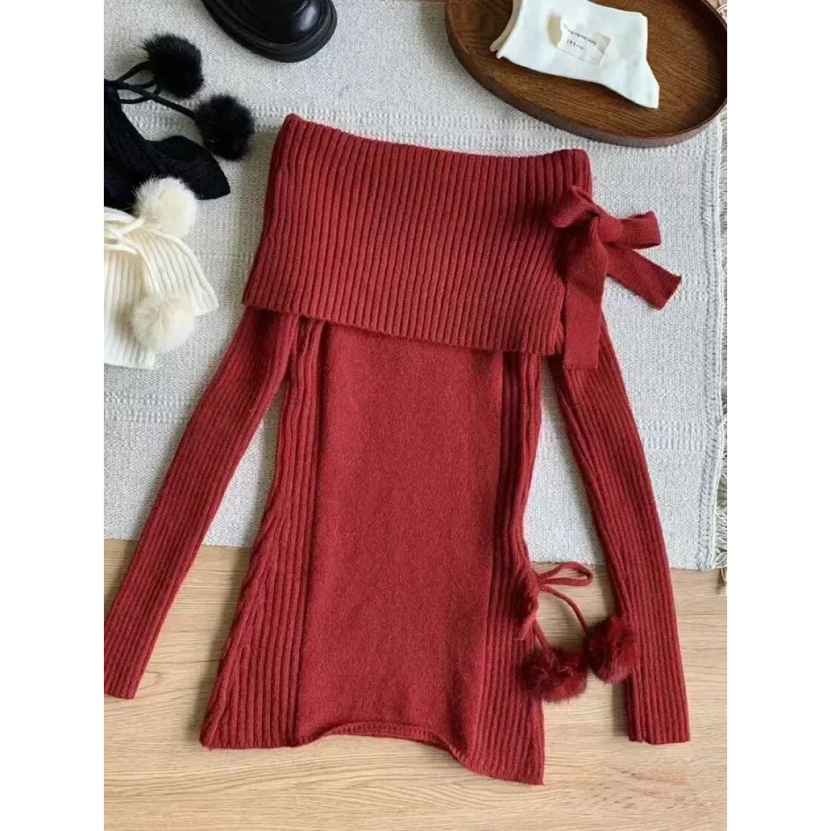 Kawaii Off-Shoulder Knit Lace Set - Bottoms - Sets - 6