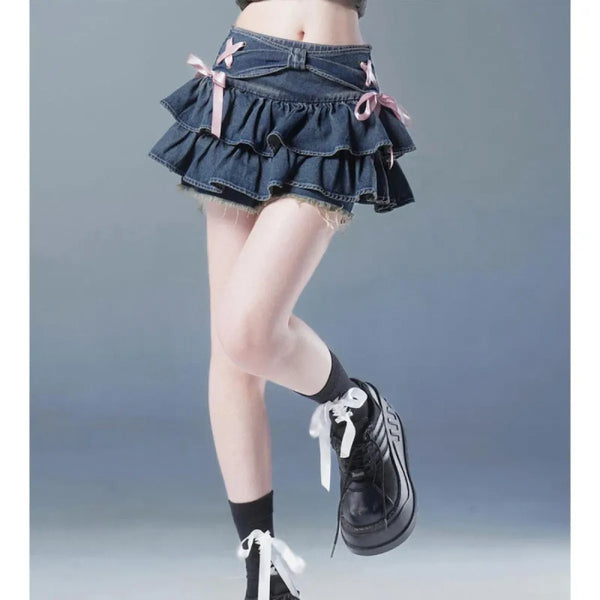 Ruffled Denim Bow Mini Skirt - Bottoms - Skirts - 1