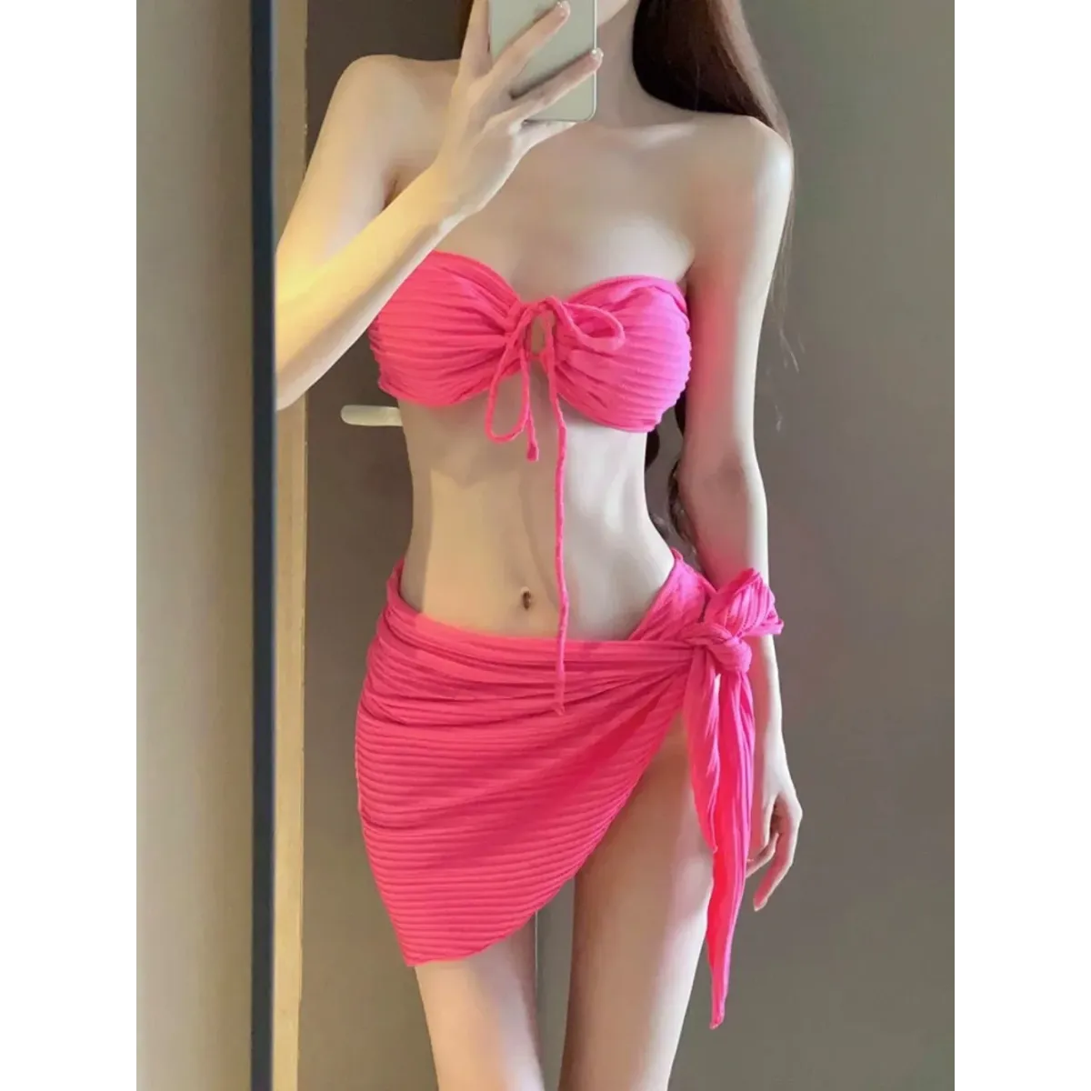 Mint Ribbed Halter Bikini Set – Ring Tie 3-Piece Swimsuit with Skirt - Bottoms - Strapless - Swimwear - 2