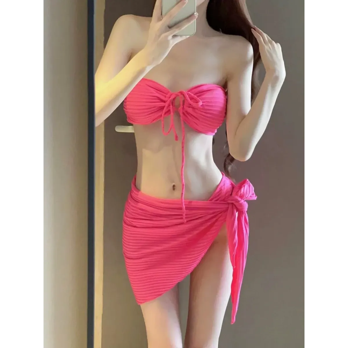 Mint Ribbed Halter Bikini Set – Ring Tie 3-Piece Swimsuit with Skirt - Bottoms - Strapless - Swimwear - 3