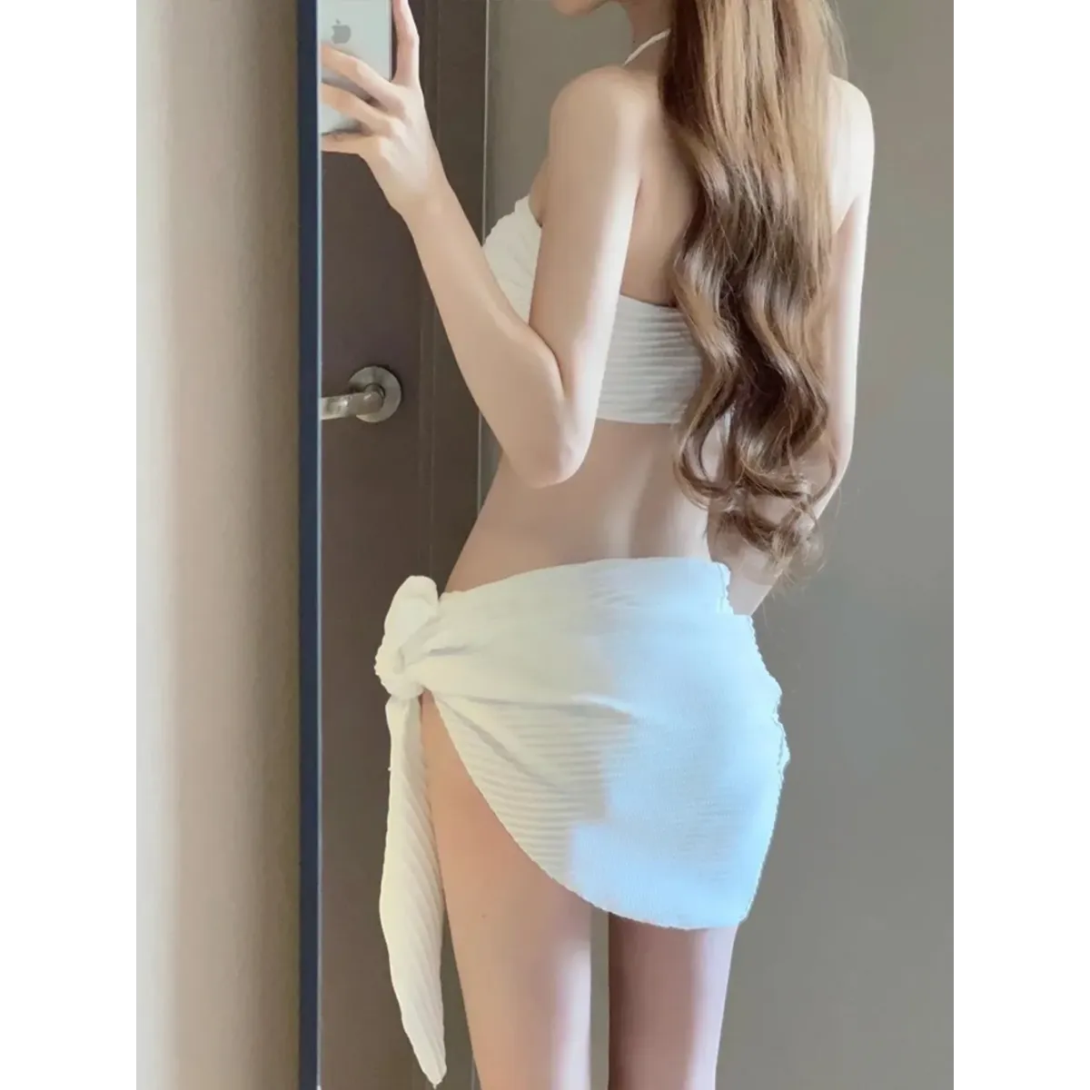 Mint Ribbed Halter Bikini Set – Ring Tie 3-Piece Swimsuit with Skirt - Bottoms - Strapless - Swimwear - 5