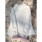 White Lace Trim Top – Pink Bow & Fuzzy Cuff Harajuku Blouse - Women’s Clothing & Accessories - Long - Crew - Blouses - 2