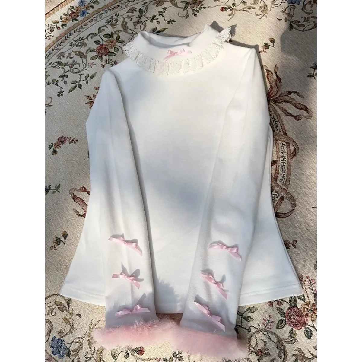 White Lace Trim Top – Pink Bow & Fuzzy Cuff Harajuku Blouse - Women’s Clothing & Accessories - Long - Crew - Blouses - 1
