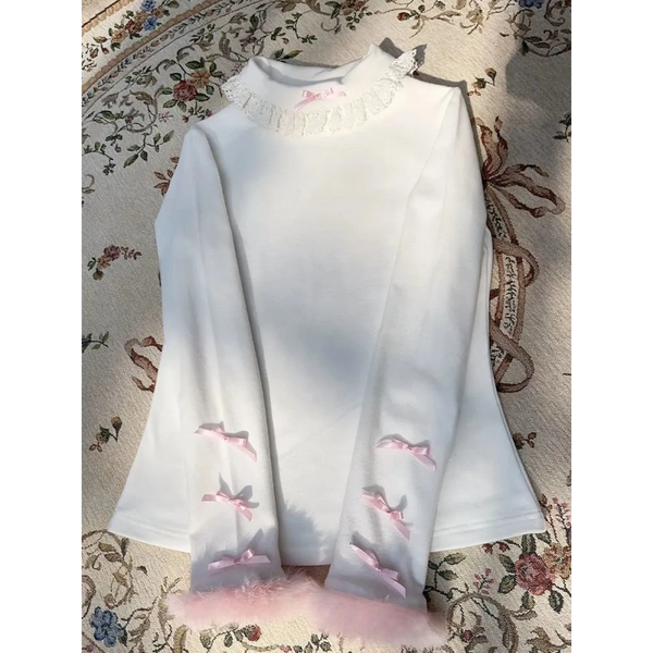 White Lace Trim Top – Pink Bow & Fuzzy Cuff Harajuku Blouse - Women’s Clothing & Accessories - Long - Crew - Blouses - 1