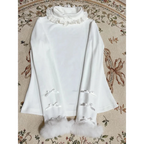 White Lace Trim Top – Pink Bow & Fuzzy Cuff Harajuku Blouse - Women’s Clothing & Accessories - Long - Crew - Blouses - 3