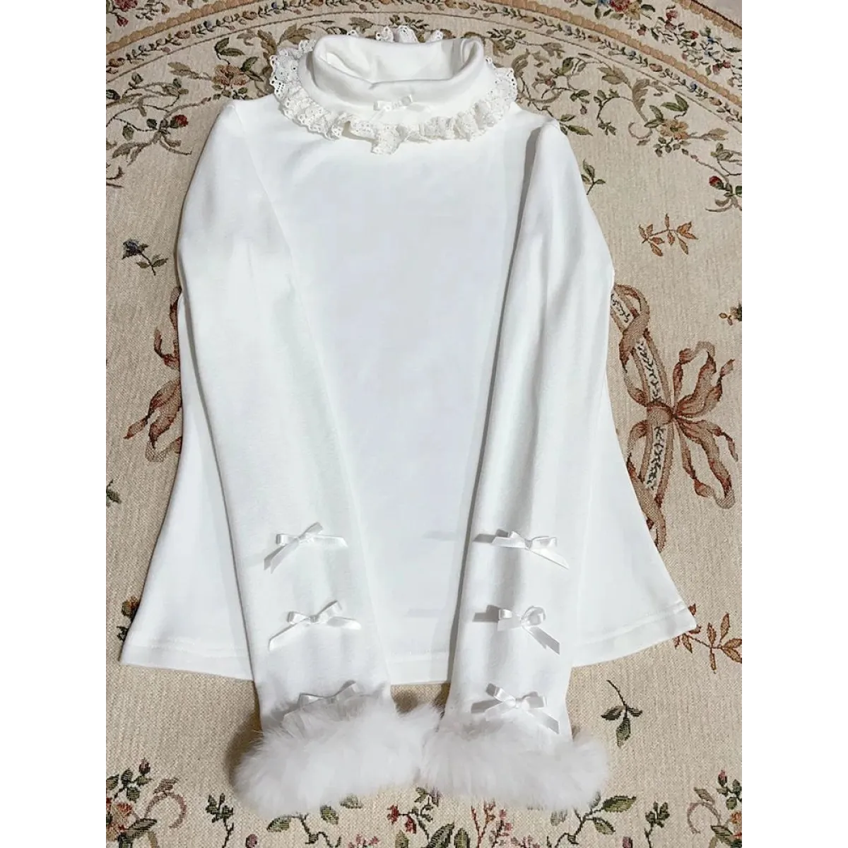 White Lace Trim Top – Pink Bow & Fuzzy Cuff Harajuku Blouse - Women’s Clothing & Accessories - Long - Crew - Blouses - 3