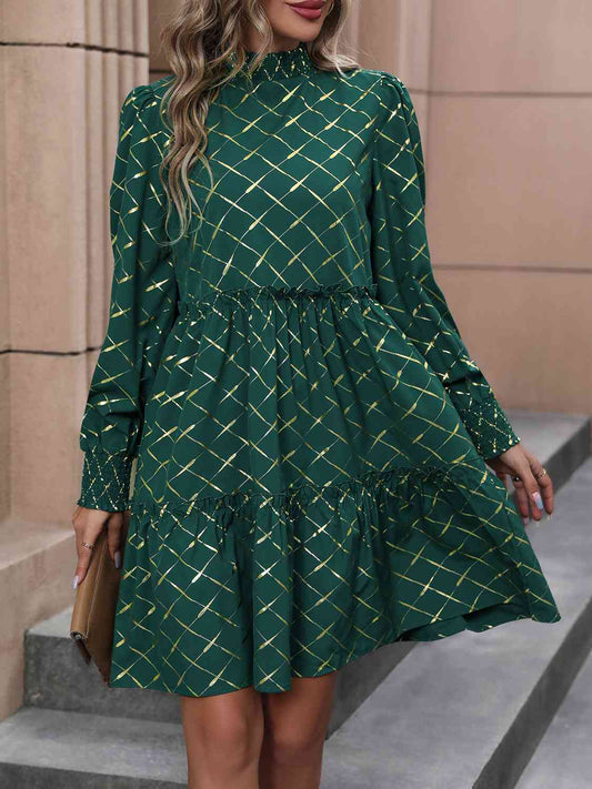 Mock Neck Frill Trim Mini Dress - Green / S - All Dresses - Dresses - 1 - 2024