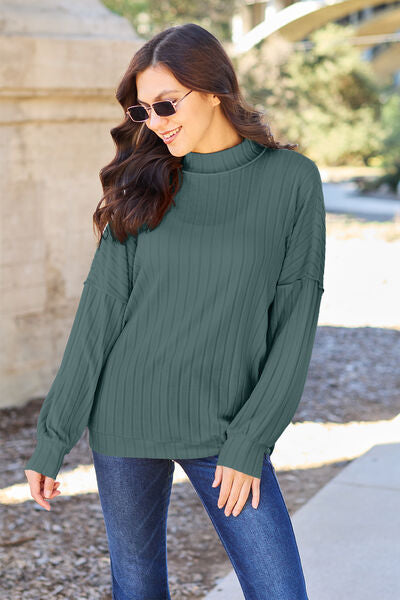 Ribbed Exposed Seam Mock Neck Knit Top - Teal / S - Tops - Shirts & Tops - 1 - 2024