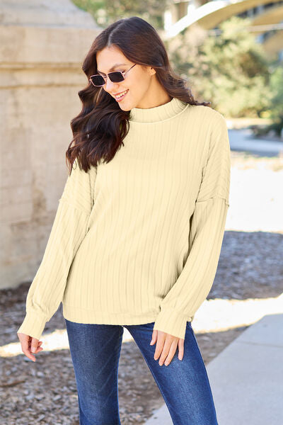 Ribbed Exposed Seam Mock Neck Knit Top - Pastel Yellow / S - Tops - Shirts & Tops - 10 - 2024