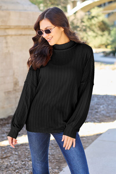 Ribbed Exposed Seam Mock Neck Knit Top - Tops - Shirts & Tops - 14 - 2024