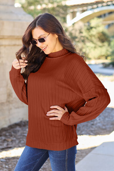 Ribbed Exposed Seam Mock Neck Knit Top - Brick Red / S - Tops - Shirts & Tops - 4 - 2024