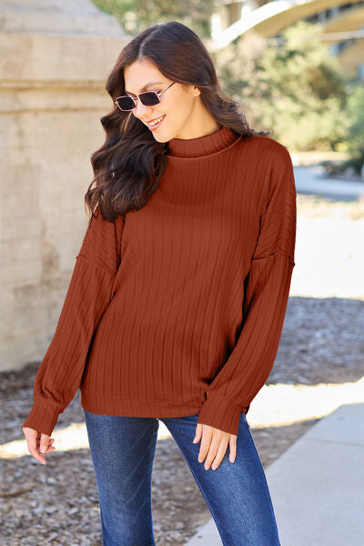 Ribbed Exposed Seam Mock Neck Knit Top - Tops - Shirts & Tops - 5 - 2024