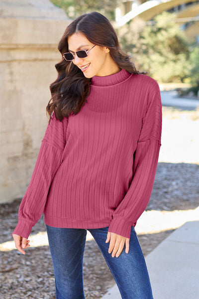 Ribbed Exposed Seam Mock Neck Knit Top - Deep Rose / S - Tops - Shirts & Tops - 7 - 2024