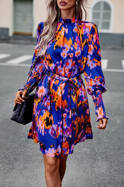 Printed Tie Waist Mock Neck Lantern Sleeve Dress - Royal Blue / S - All Dresses - Dresses - 1 - 2024