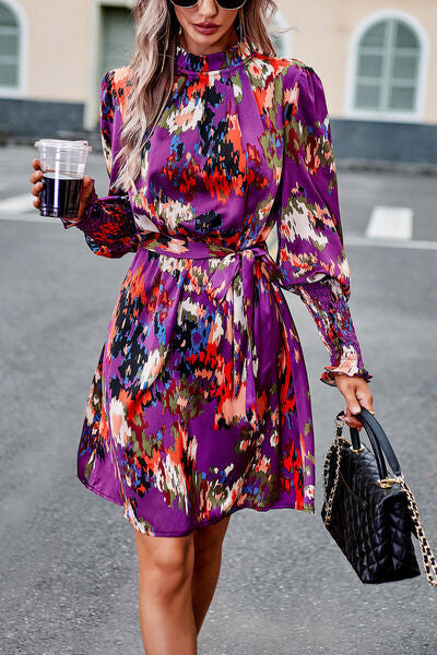 Printed Tie Waist Mock Neck Lantern Sleeve Dress - Purple / S - All Dresses - Dresses - 16 - 2024