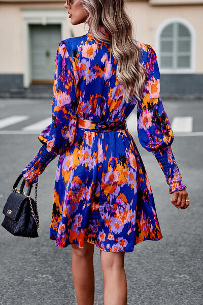 Printed Tie Waist Mock Neck Lantern Sleeve Dress - All Dresses - Dresses - 2 - 2024