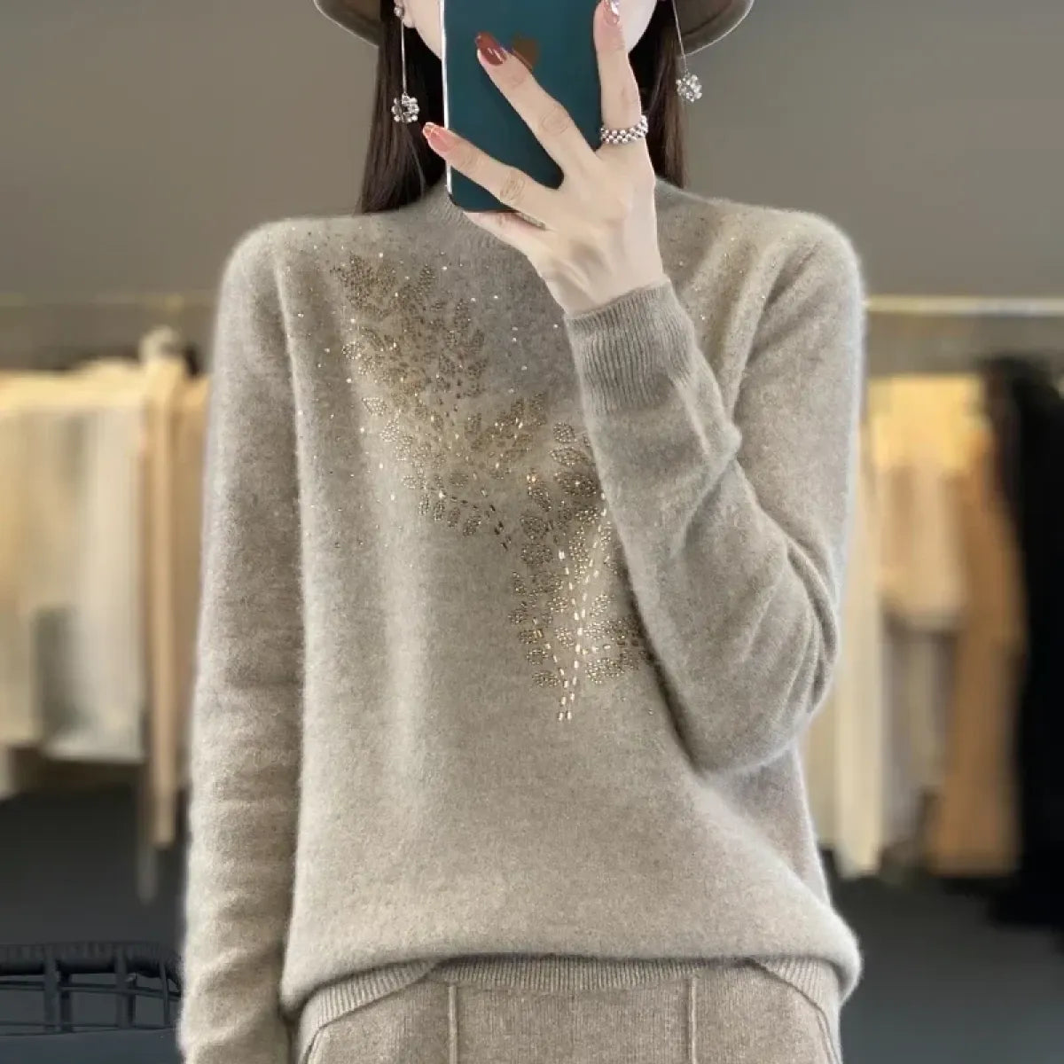 Mock Neck Korean Knit Sweater with Leaf Embellishment - Sweaters - Sweater / Pullover - 7