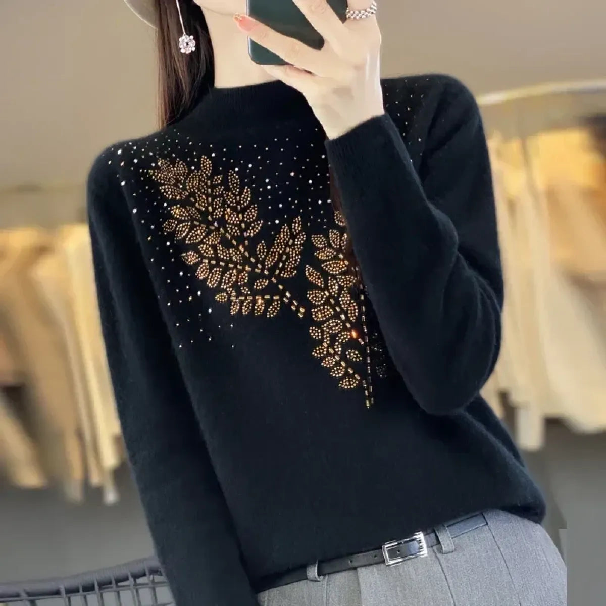 Mock Neck Korean Knit Sweater with Leaf Embellishment - Sweaters - Sweater / Pullover - 9