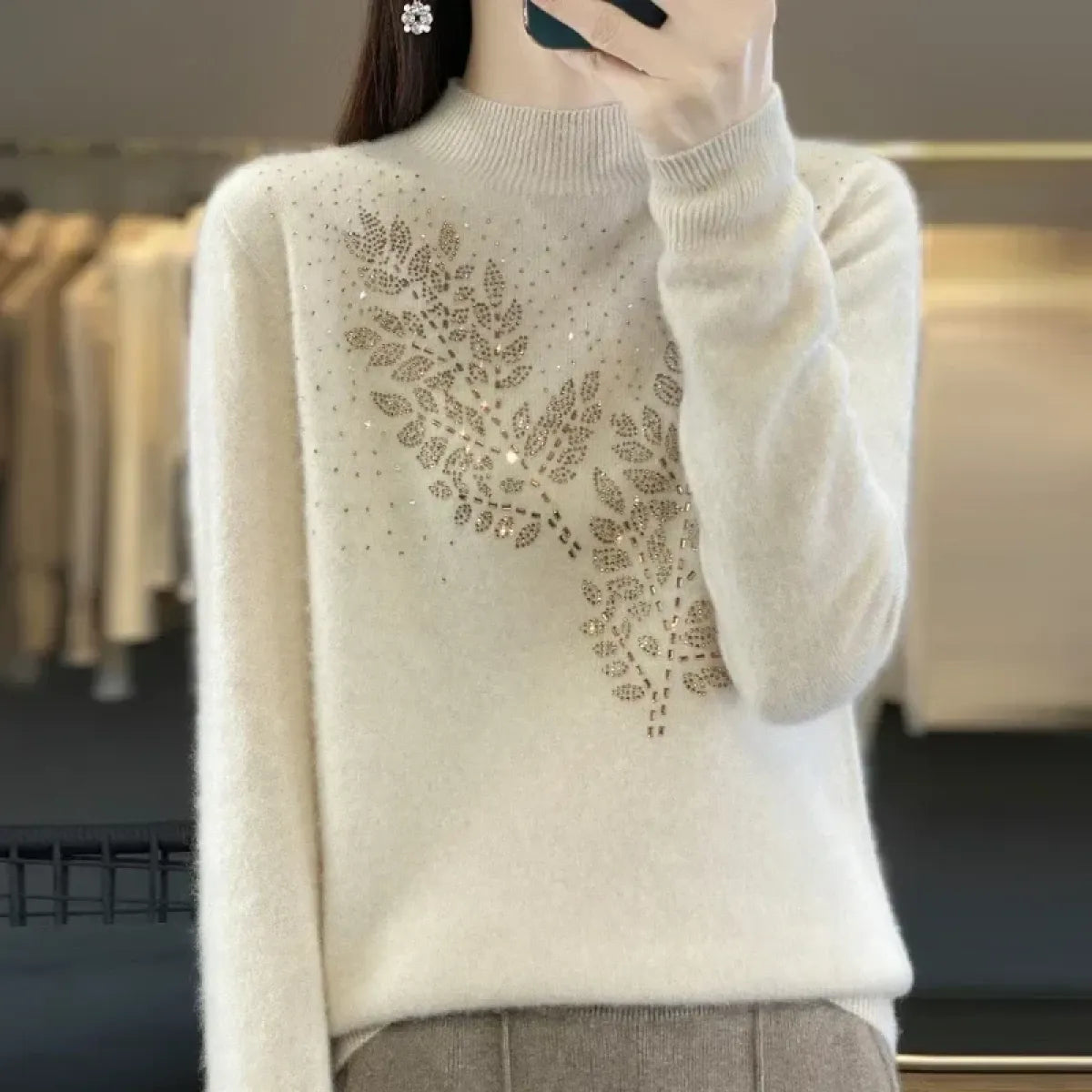 Mock Neck Korean Knit Sweater with Leaf Embellishment - Sweaters - Sweater / Pullover - 5