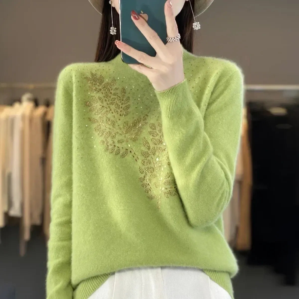 Mock Neck Korean Knit Sweater with Leaf Embellishment - Sweaters - Sweater / Pullover - 6
