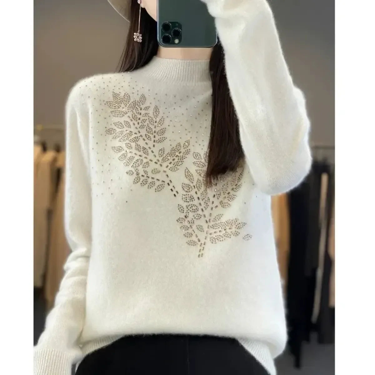 Mock Neck Korean Knit Sweater with Leaf Embellishment - Sweaters - Sweater / Pullover - 2