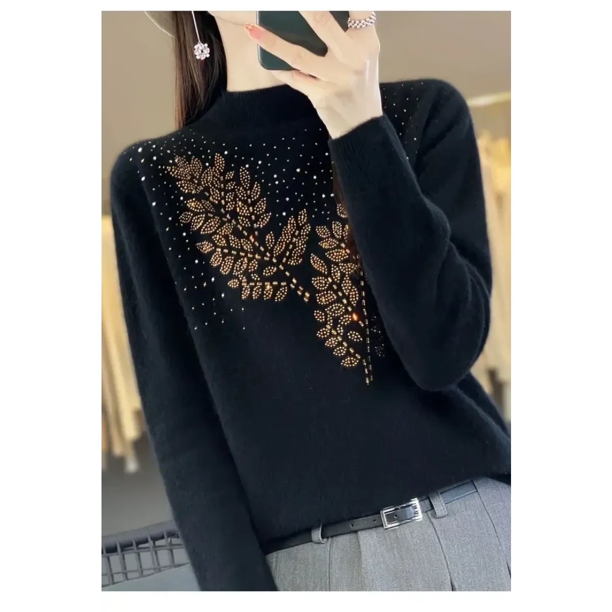 Mock Neck Korean Knit Sweater with Leaf Embellishment - Sweaters - Sweater / Pullover - 3