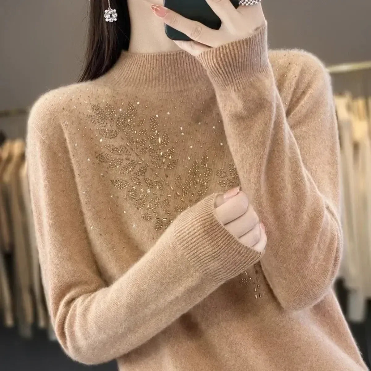 Mock Neck Korean Knit Sweater with Leaf Embellishment - Sweaters - Sweater / Pullover - 1