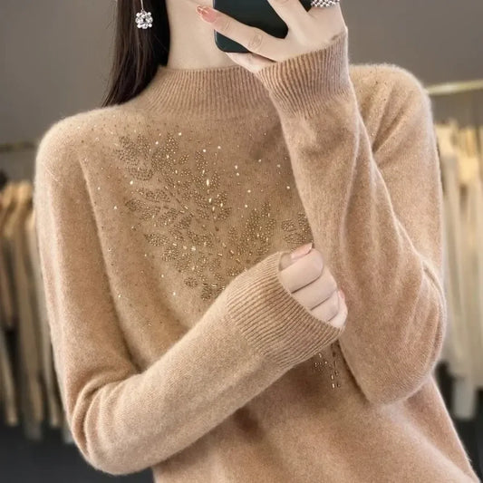 Mock Neck Korean Knit Sweater with Leaf Embellishment - Sweaters - Sweater / Pullover - 1