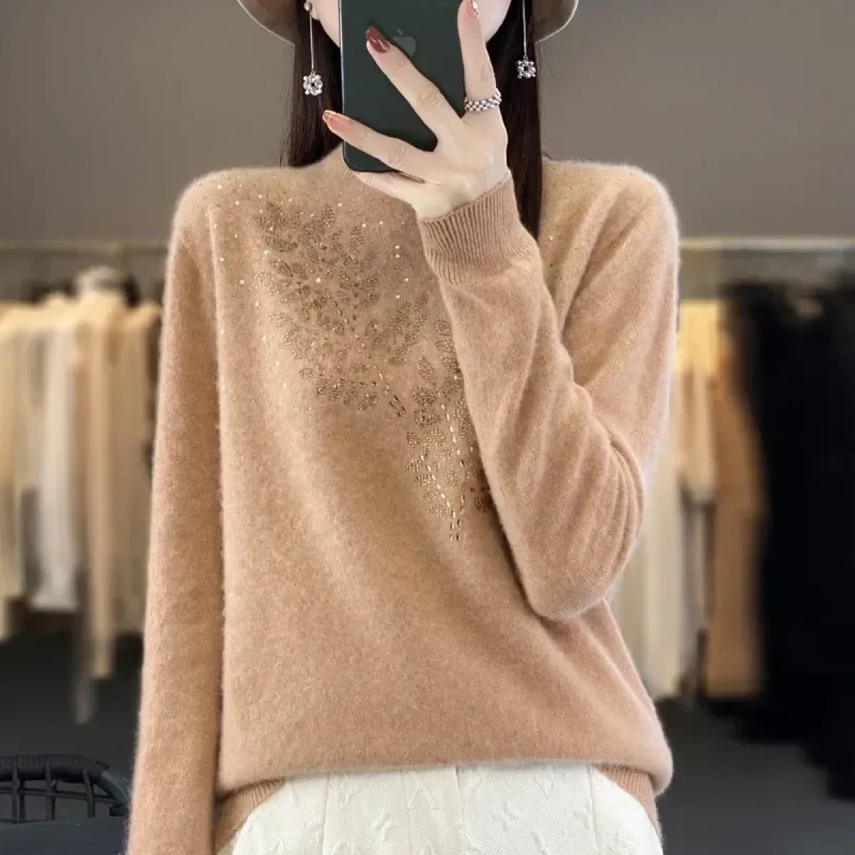 Mock Neck Korean Knit Sweater with Leaf Embellishment - Sweaters - Sweater / Pullover - 8