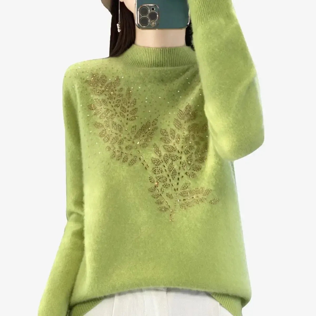 Mock Neck Korean Knit Sweater with Leaf Embellishment - Sweaters - Sweater / Pullover - 4
