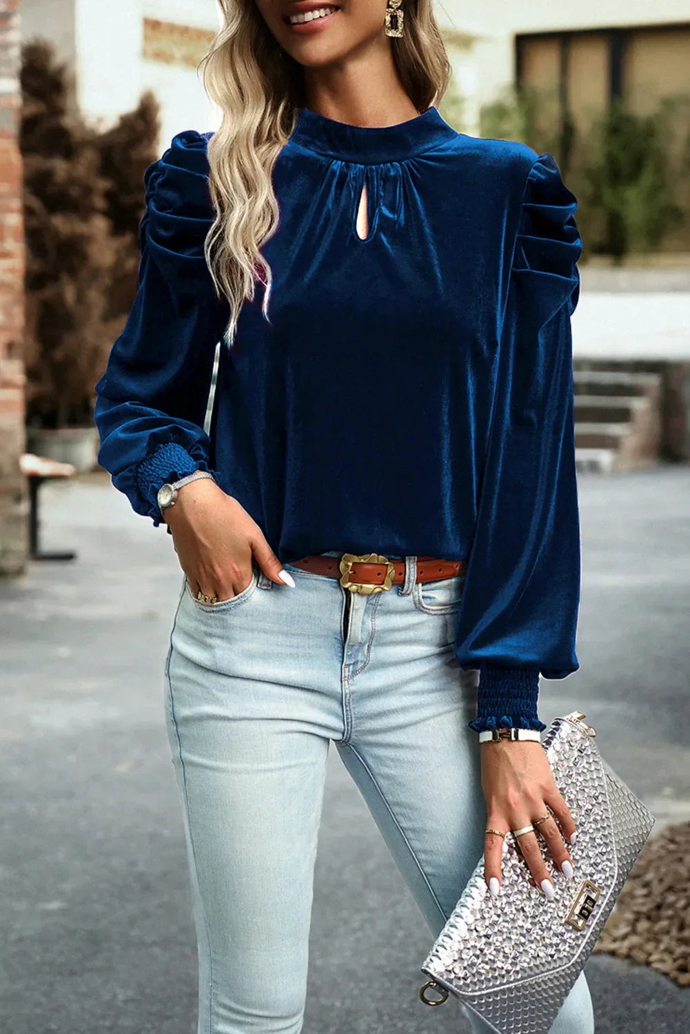 Tie Up Mock Neck Velvet Fabric Long Sleeve Blouse - Navy / S - Women’s Clothing & Accessories - Shirts & Tops - 18