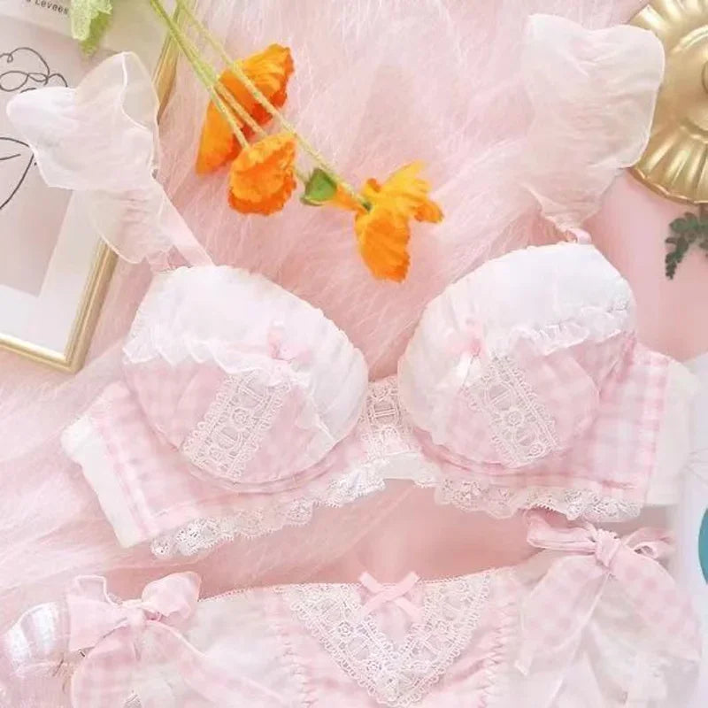 Kawaii Plaid Lace Bra Set - Cute Loli Style Underwear for Women - Women’s Clothing & Accessories - Lingerie - 2024