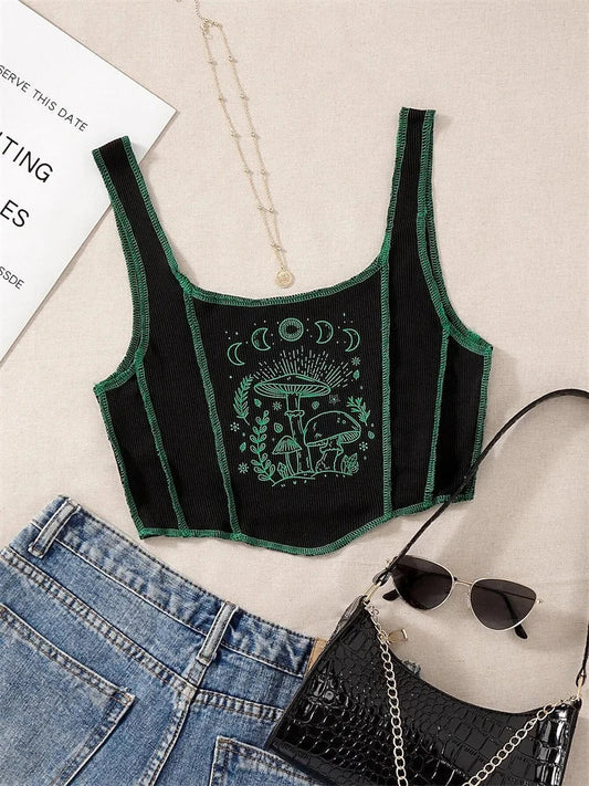 Mystical Mushroom Corset Tank - Green / M - Women’s Clothing & Accessories - Shirts & Tops - 7 - 2024