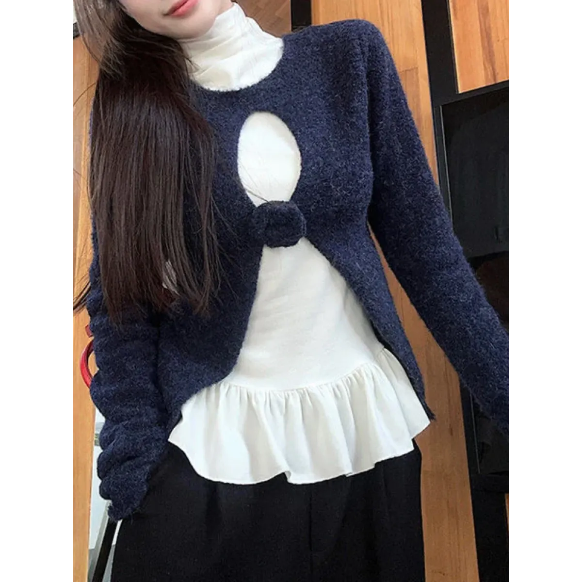 Navy Knit Cutout Sweater & White Peplum Top – Harajuku Set - Sweaters - Sets - 2
