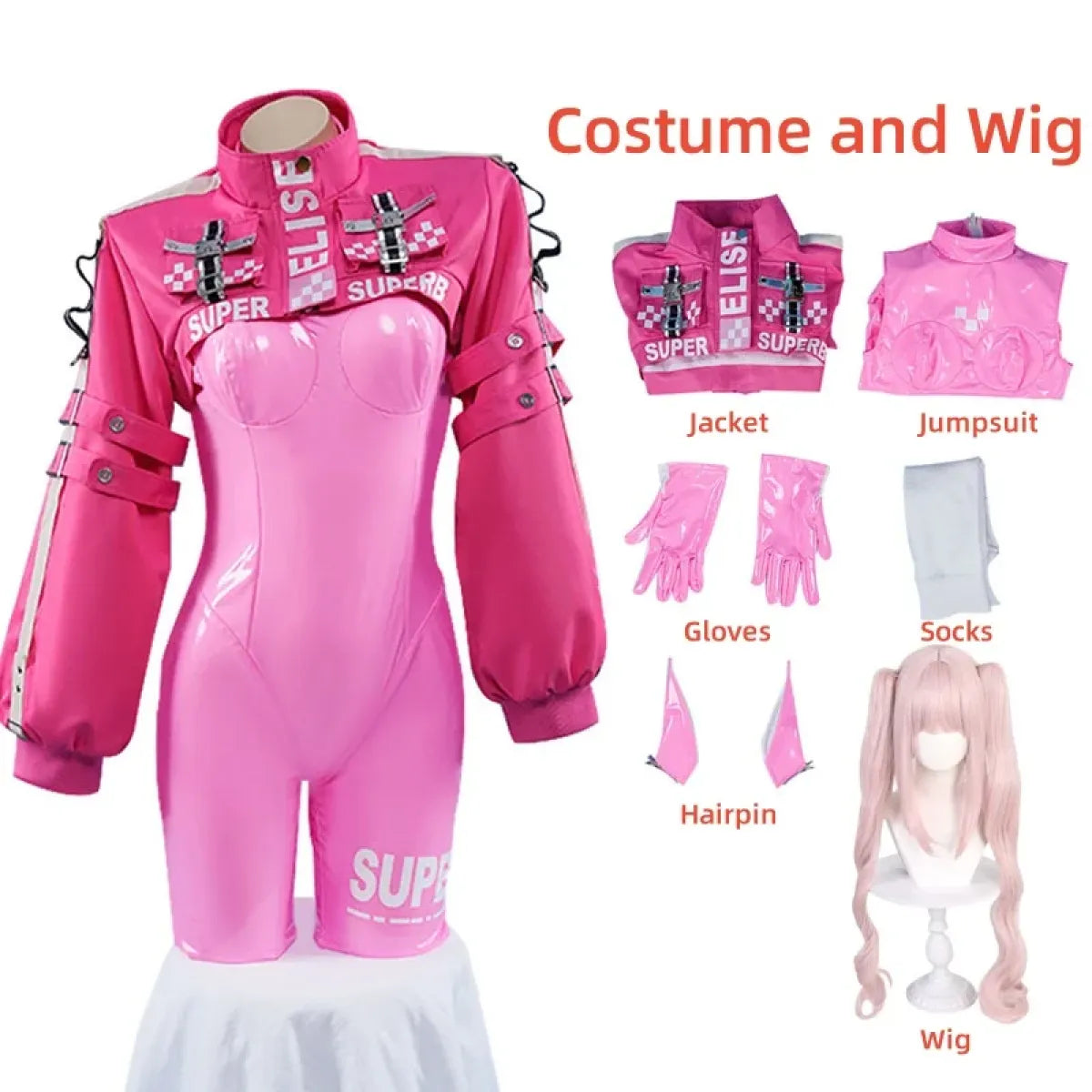 Nikki Alice Cosplay Costume – Pink Bodysuit Jacket Wig & Ears Set - Tops & Tees - Cosplay - 11