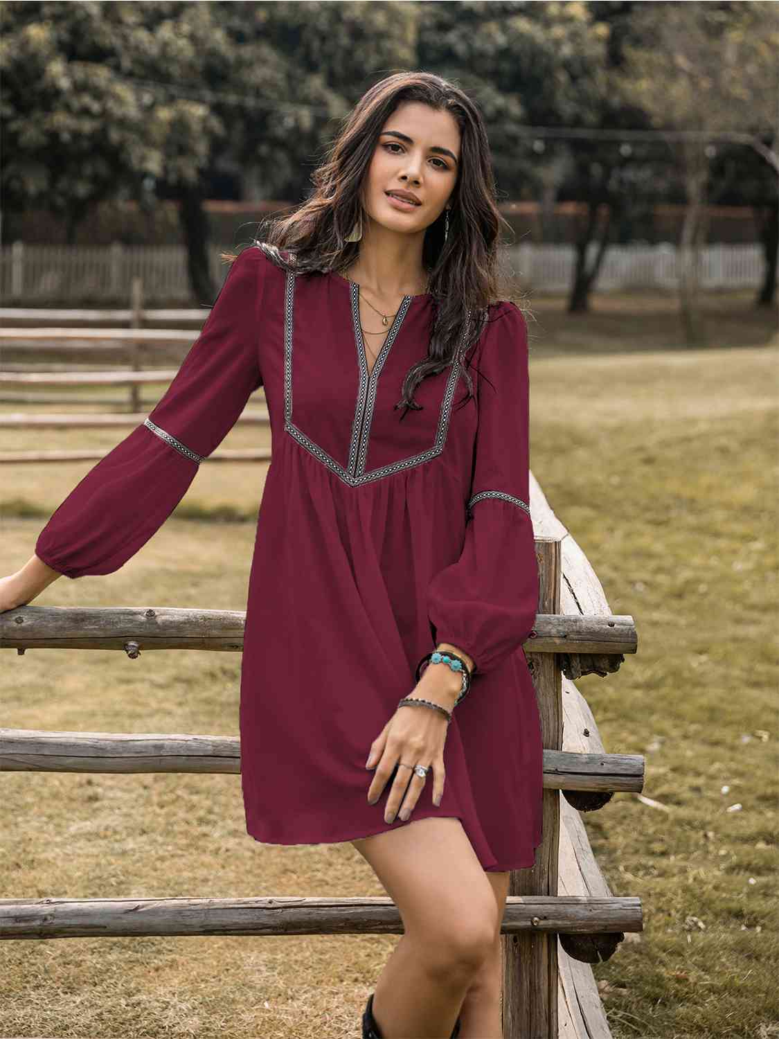 Notched Balloon Sleeve Mini Dress - All Dresses - Dresses - 14 - 2024