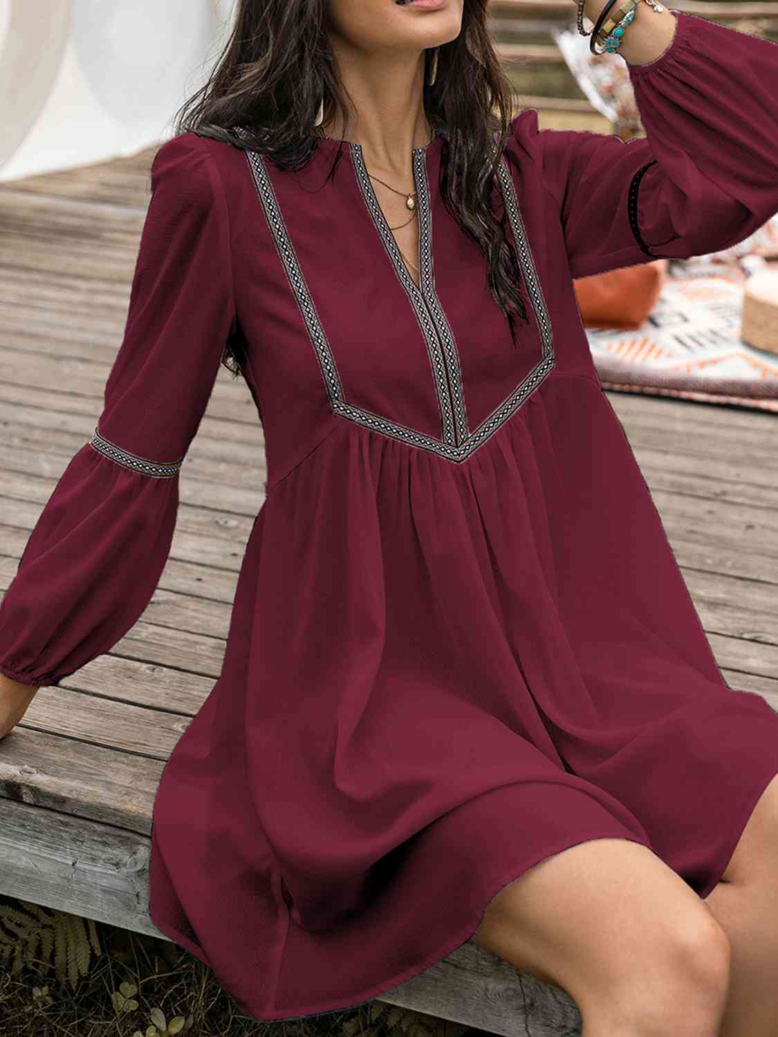 Notched Balloon Sleeve Mini Dress - All Dresses - Dresses - 15 - 2024