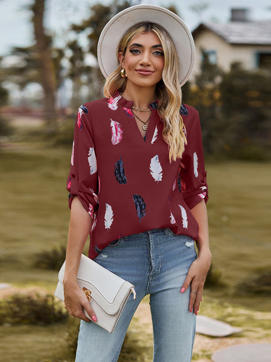 Printed Roll-Tab Sleeve Notched Neck Blouse - Red / S - Women’s Clothing & Accessories - Shirts & Tops - 1 - 2024