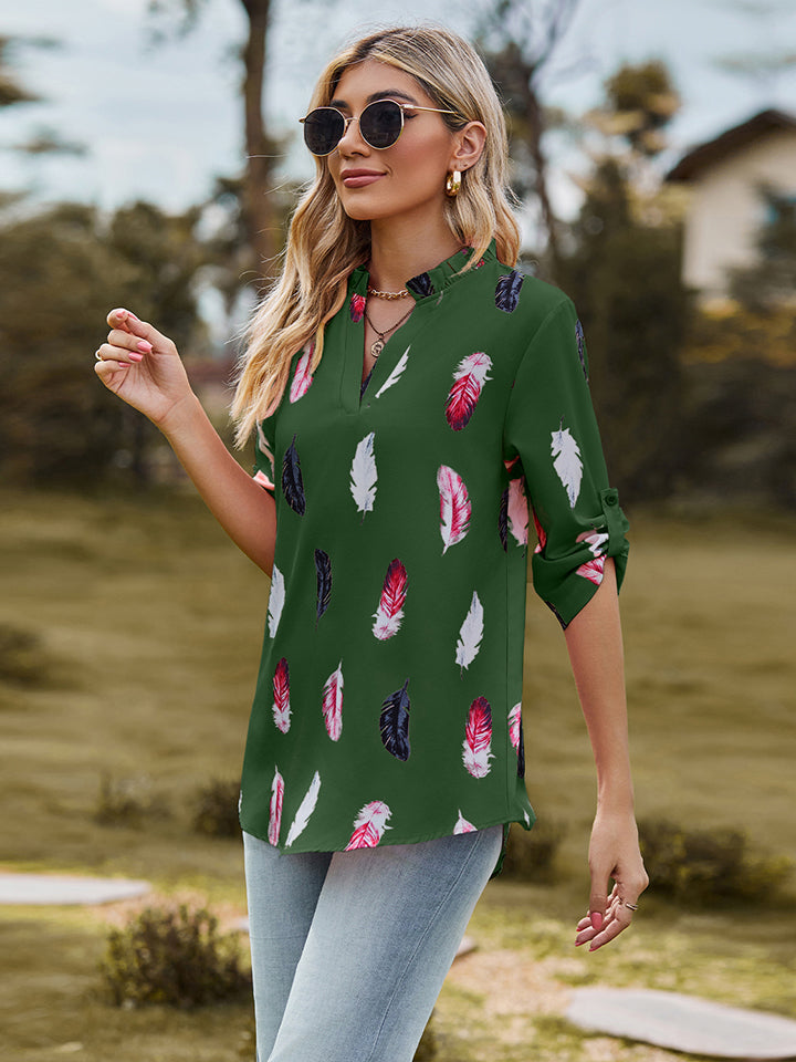 Printed Roll-Tab Sleeve Notched Neck Blouse - Women’s Clothing & Accessories - Shirts & Tops - 11 - 2024