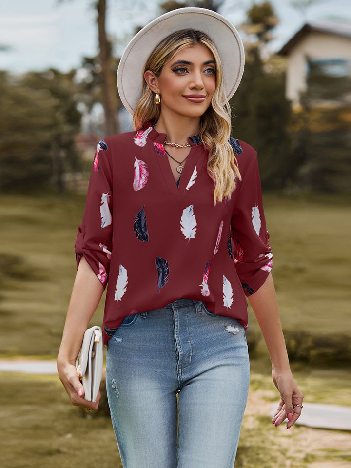 Printed Roll-Tab Sleeve Notched Neck Blouse - Women’s Clothing & Accessories - Shirts & Tops - 3 - 2024