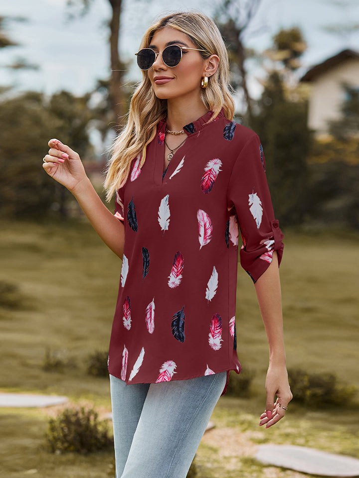 Printed Roll-Tab Sleeve Notched Neck Blouse - Women’s Clothing & Accessories - Shirts & Tops - 4 - 2024